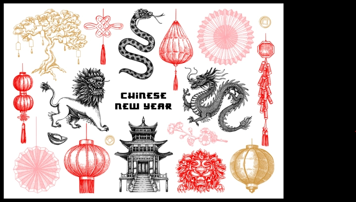 Chinese New Year decoration in sketch style. China sketches. Hand-drawn vector illustrations set. NOT AT generated